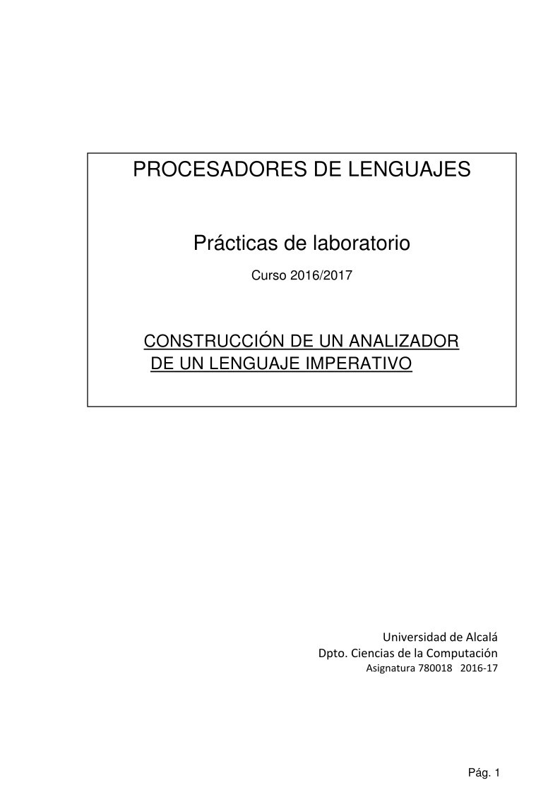 Imágen de pdf Construcción de un analizador de un lenguaje imperativo - Procesadores de Lenguajes - Practicas de laboratorio